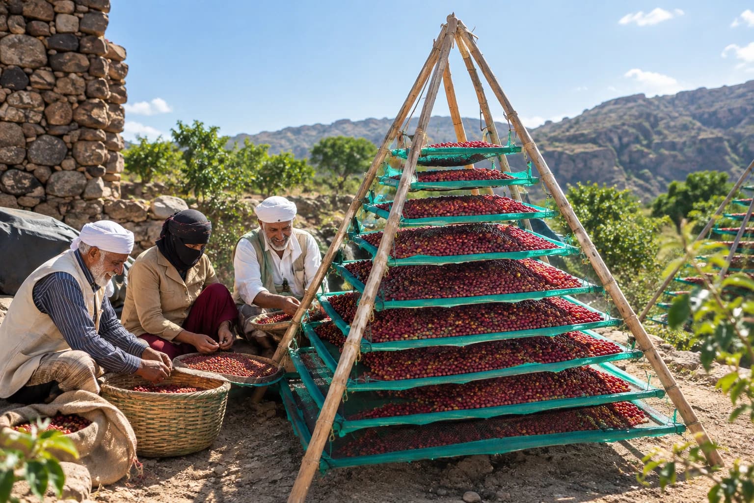 Farmer monitoring sun-dried coffee cherries for quality control